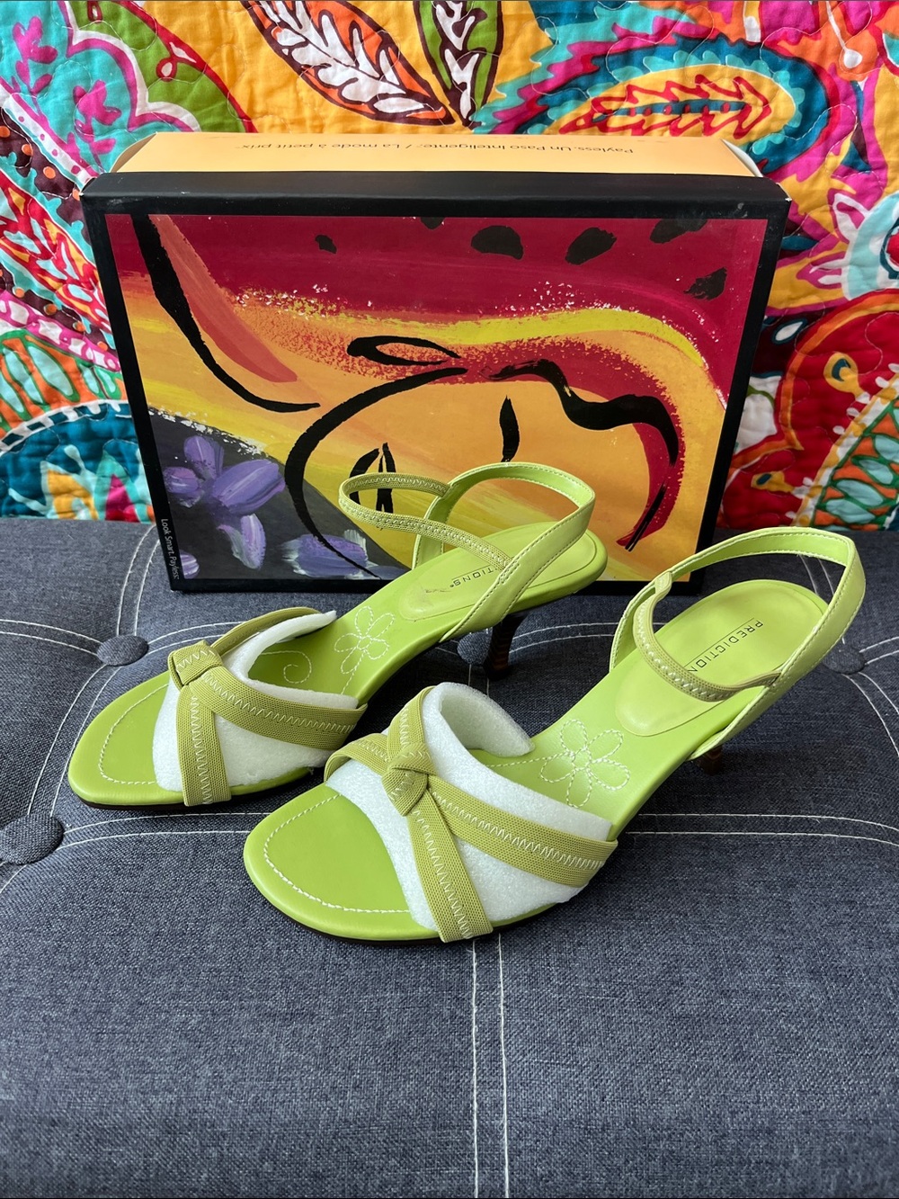 Predictions Lime Green and White Strappy Slingback Heels in Size 8W-NIB